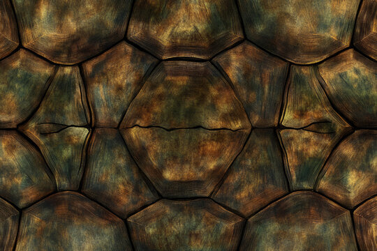 Seamless turtle shell texture, showing a rich brown and green pattern with natural divisions and subtle detail.