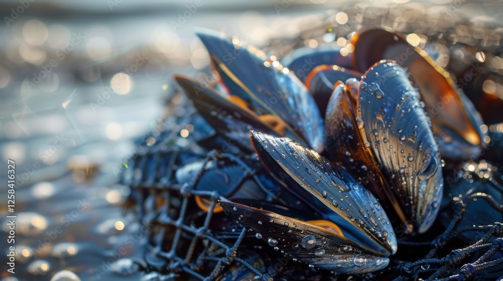 Poster mussels glisten with droplets of water, perched on a fishing net along a tranquil shoreline where wa