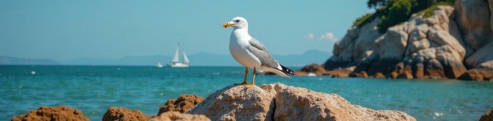 Obraz premium Seagull perched on rocky shore, shoreline, nautical, coastal