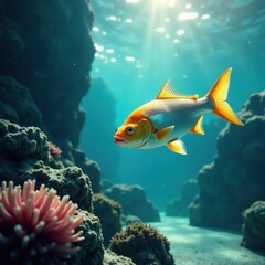 Fototapeta premium school of silver and gold fish in ocean waves , shimmering, ocean, sea