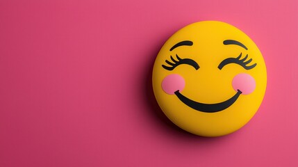 Fototapeta premium A cheerful yellow smiley face with pink cheeks and eyelashes against a vibrant pink background, conveying happiness and positivity.