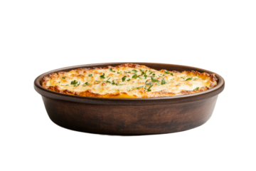 Homemade lasagna baked in a ceramic dish