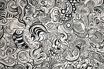 Hand-drawn scribbles and doodles in black ink, forming intricate organic patterns on a minimalist white background.