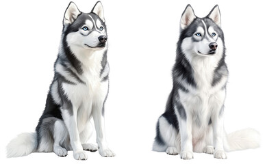 Fototapeta premium Two Adorable Siberian Huskies Sitting Side by Side in a Studio, isolated on transparent background.