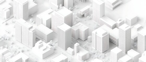 Monochromatic white cityscape displaying an array of minimalist buildings. ideal for modern urban design, White three dimensional render of city downtown 