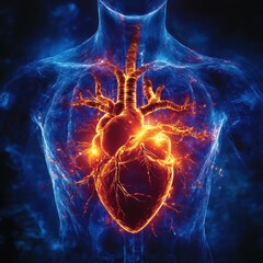 Illuminated human heart with glowing veins.