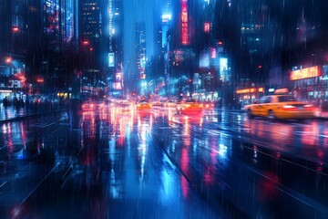 Fototapeta premium Rainy night in a futuristic city with blurred lights, reflections, and cars.