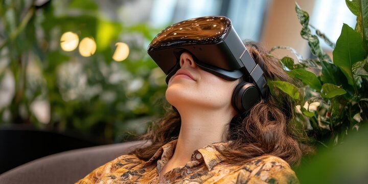 Young caucasian female relaxing with virtual reality headset in greenery environment. Explore Your Career Options Week
