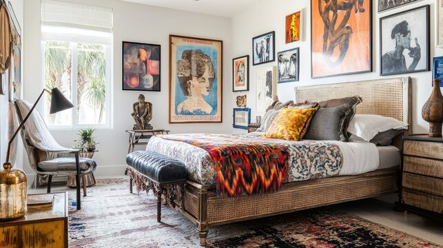 Eclectic bedroom with vintage posters, a statement bed frame, and a mix of textures and patterns for an inspiring, artistic retreat