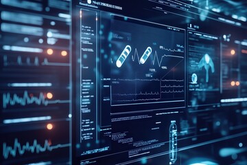 Obraz premium Graphic layouts for healthcare advertising featuring digital monitoring and data analysis