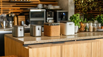 Eco-conscious kitchen with energy-efficient appliances, a countertop made from recycled materials, and zero-waste storage containers
