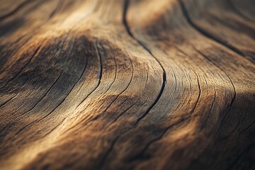 Fototapeta premium Close-up of aged wood surface texture showing grain, cracks, and variations in color and tone.