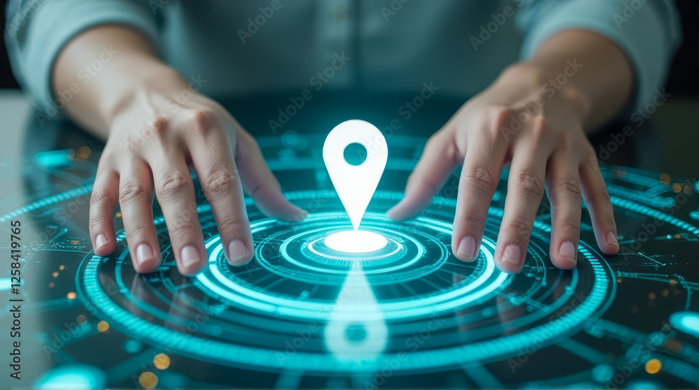 Poster hands interacting with digital location pin in futuristic interface representing geolocation and tec