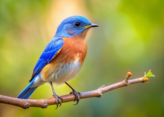 Fototapeta premium Adorable Tiny Blue Bird Posing on Branch, Copy Space - Stock Photo