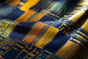 Textured African kente cloth, showcasing the vibrant, geometric designs woven with gold threads for a royal, celebratory feel.