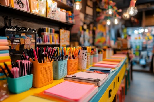 A school stationery shop filled with various pens, markers, and notebooks in vibrant colors