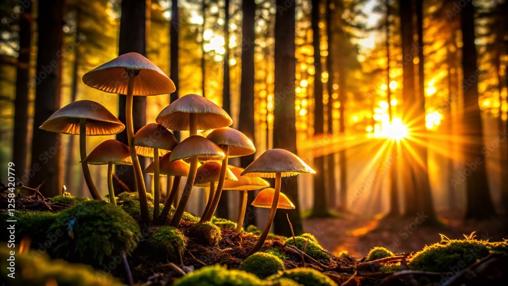 Wall mural Silhouetted Mushrooms in Forest at Sunset - Magical Nature Photography