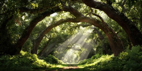 Sunlit oak forest path with majestic curved trees and lush greenery