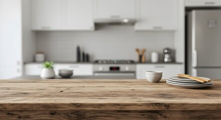 A rustic wooden table in the foreground with a blurred modern kitchen backdrop creates a warm and inviting culinary atmosphere