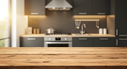 A rustic wooden table in the foreground with a blurred modern kitchen backdrop creates a warm and inviting culinary atmosphere