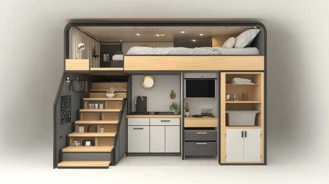 Efficient tiny home setup with a loft bed, compact stairs with storage drawers, and a foldable dining table
