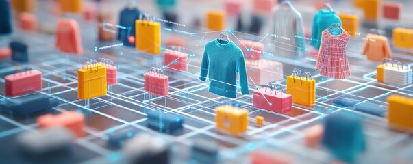 A digital representation of a shopping environment featuring colorful clothing items and accessories arranged in a grid layout.