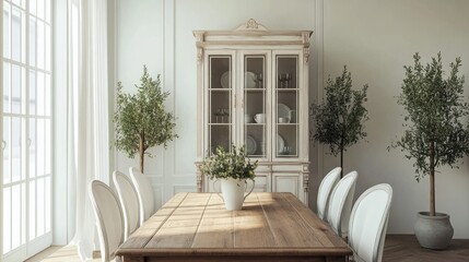 Elegant dining room with a long wooden table, tall-back chairs, and a vintage china cabinet as the focal point