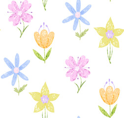 Cute seamless pattern of spring flowers with texture in minimal style
