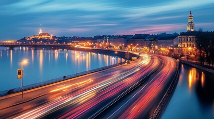 Obraz premium Night cityscape with illuminated river, bridge, and traffic light trails.