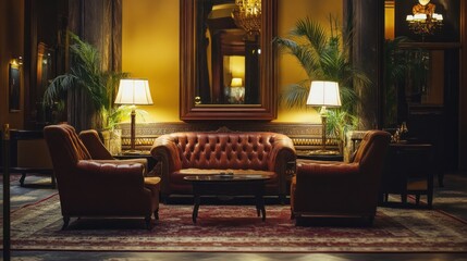 Luxurious hotel lobby seating area with leather furniture, lamps, and plants.