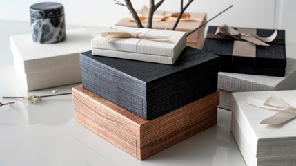 Elegant gift boxes on glossy surface for special occasions and holiday celebrations
