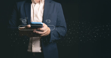 Businessman using AI chatbot prompt interface on smartphone for digital communication