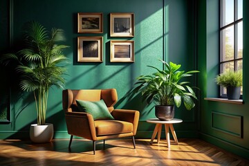 Silhouette of Armchair in Tranquil Green Room with Natural Light & Plants