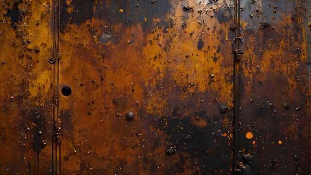 Rust and Oil Splatter on Corroded Industrial Metal Surface Texture, A gritty and detailed industrial texture featuring dark oil stains splattered across a heavily rusted metal surface