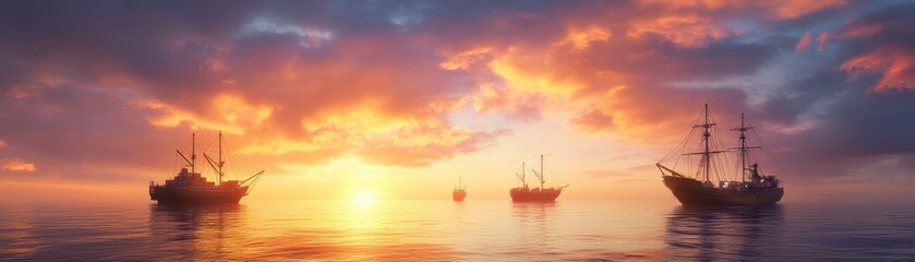 Ships at sunset, fiery sky.