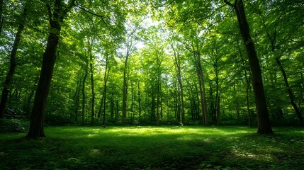 Naklejka premium Sun Dappled Forest Path Lush Green Canopy Sunlight Summer Nature