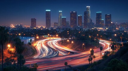 Obraz premium Night cityscape with illuminated highway and skyscrapers.