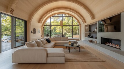 Fototapeta premium Modern living room with arched ceiling, large windows, fireplace, and sectional sofa.