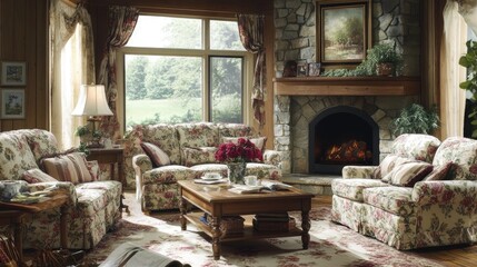 English cottage-style living room with vintage floral fabrics, antique wooden furniture, cozy armchairs, and a stone fireplace for a rustic heritage charm