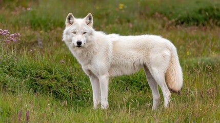 Fototapeta premium A majestic Arctic wolf stands in a lush green landscape, showcasing its striking white fur and keen expression.