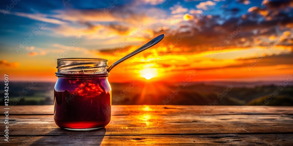 Wall mural Silhouette of Jam Jar and Spoon at Sunset - Delicious Homemade Preserve