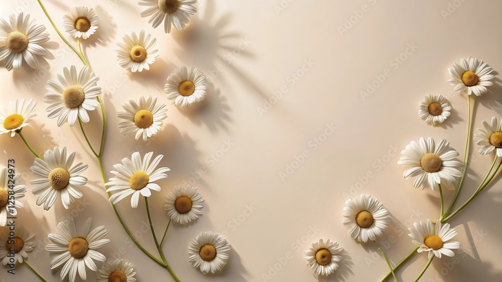 Poster elegant chamomile blossoms arranged on a beige background with soft sunlight casting shadows.