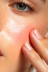 Closeup of female cheek with visible signs of rosacea. Red flushing cheeks