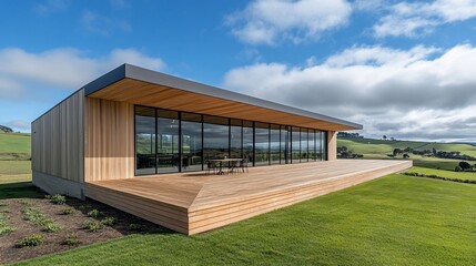 Fototapeta premium Modern wooden house with large windows and deck overlooking green hills under a blue sky.