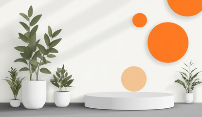 Abstract background with podium for product presentation, mockup design template with geometric shapes and pastel colors, white wall, gray floor, orange circles and plants.