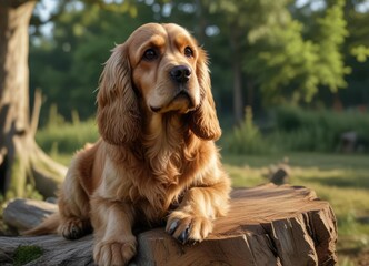 Obraz premium Cocker Spaniel sitting on a tree stump looking at the viewer with a friendly expression, outdoor seating, relaxed canine, cute dog