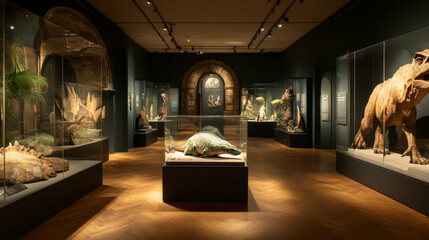 Dinosaur museum cartoon landing page. Historical Educational prehistory online portal interface with trex skeleton. Paleontology studying, virtual exhibition, ticket booking service Vector web banner