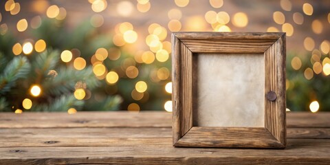 Rustic wooden frame with blank space on a wood surface against a festive bokeh background