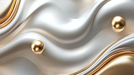 Elegant pearl-white waves with golden accents and spheres texture