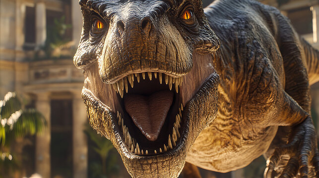 Dinosaur museum cartoon landing page. Historical Educational prehistory online portal interface with trex skeleton. Paleontology studying, virtual exhibition, ticket booking service Vector web banner